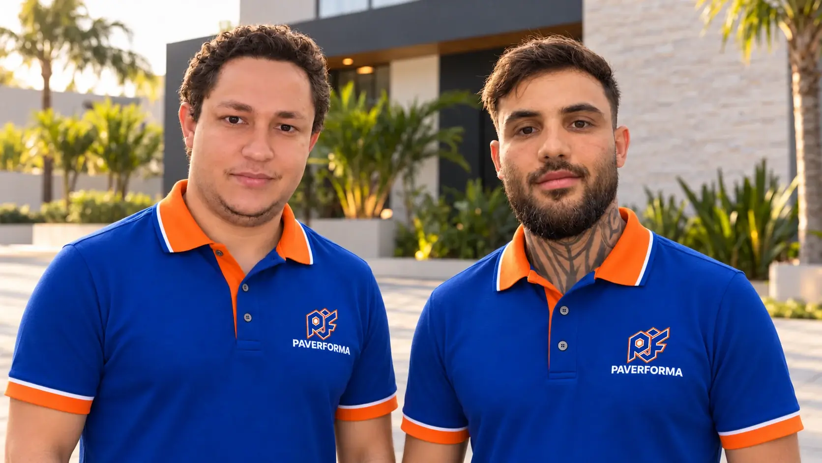 Sócios da Paverforma com o uniforme da empresa